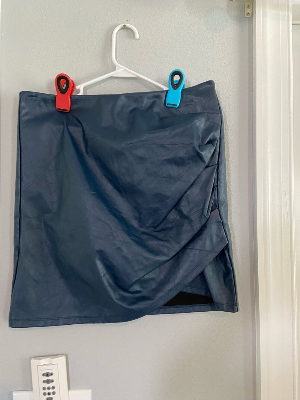 Navy Faux Leather Draped Mini Skirt